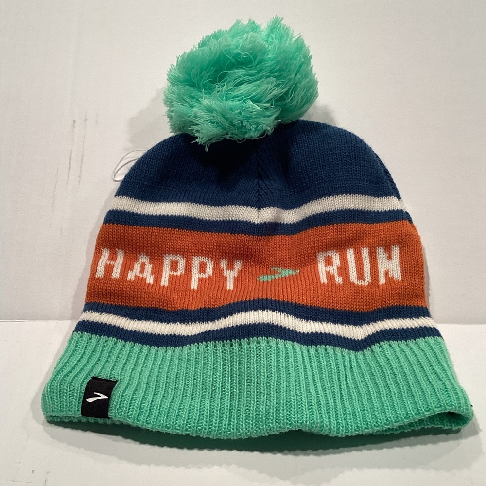 Brooks Run Happy Heritage Pom Pom Beanie DK Ocean Unisex Running Apparel Hat